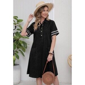 Women Swing A-line Shift Black Denim Midi Dress with Pockets Buttons Boho Sleeve